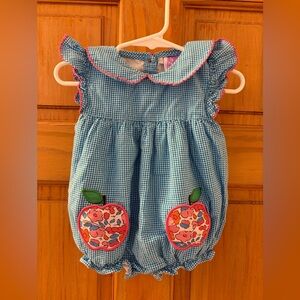 Poppy Kids co Floral Apple Smocked Baby Girls Blue Gingham Bubble Romper 12M